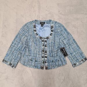 Katherine New York Tweed Cropped Blazer Jacket Women's SMALL Blue Embellished